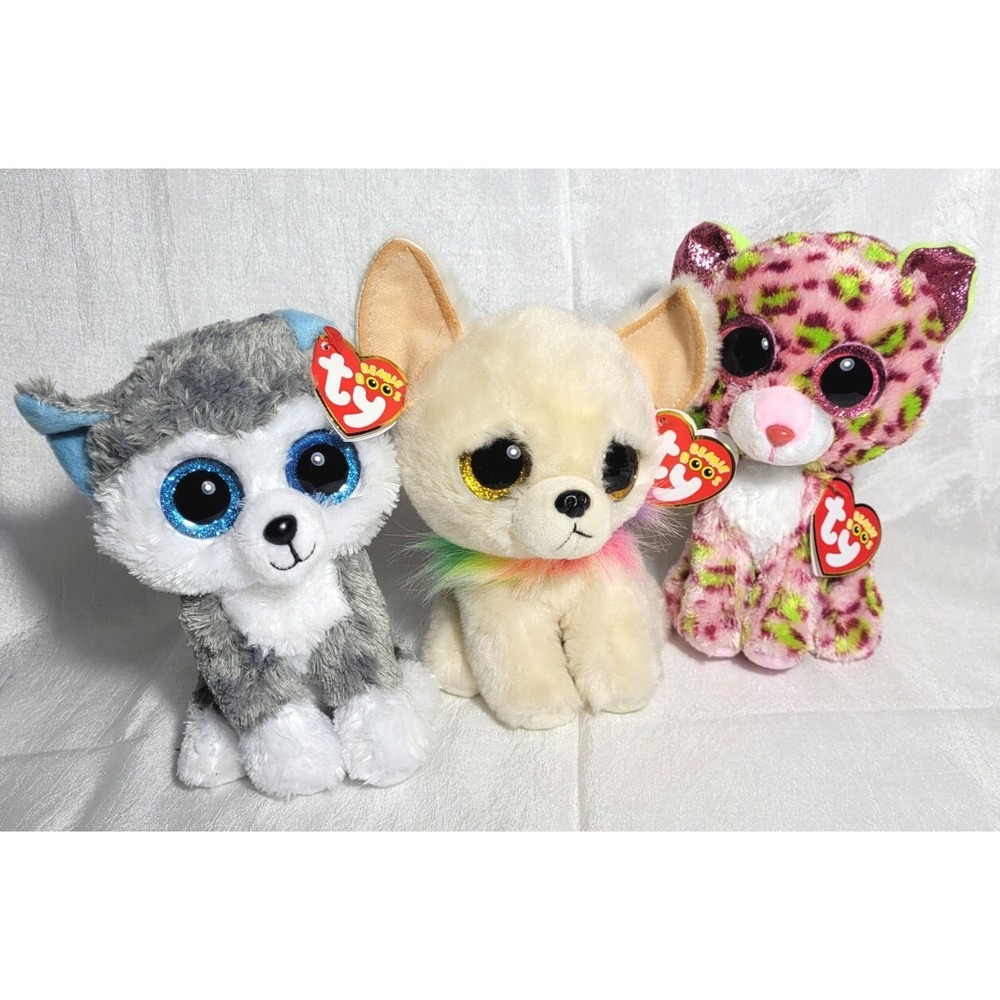 LOT 3 TY 6" Beanie Boos: Chewey Chihuahua, Lainey Leopard, Slush Husky Dog